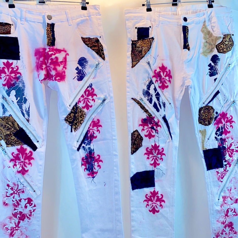 White patchwork zipper graphic print stretch cotton skinny jeans